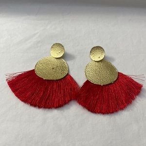 Indigenous Made Earrings. Gold with Red Fringe.
